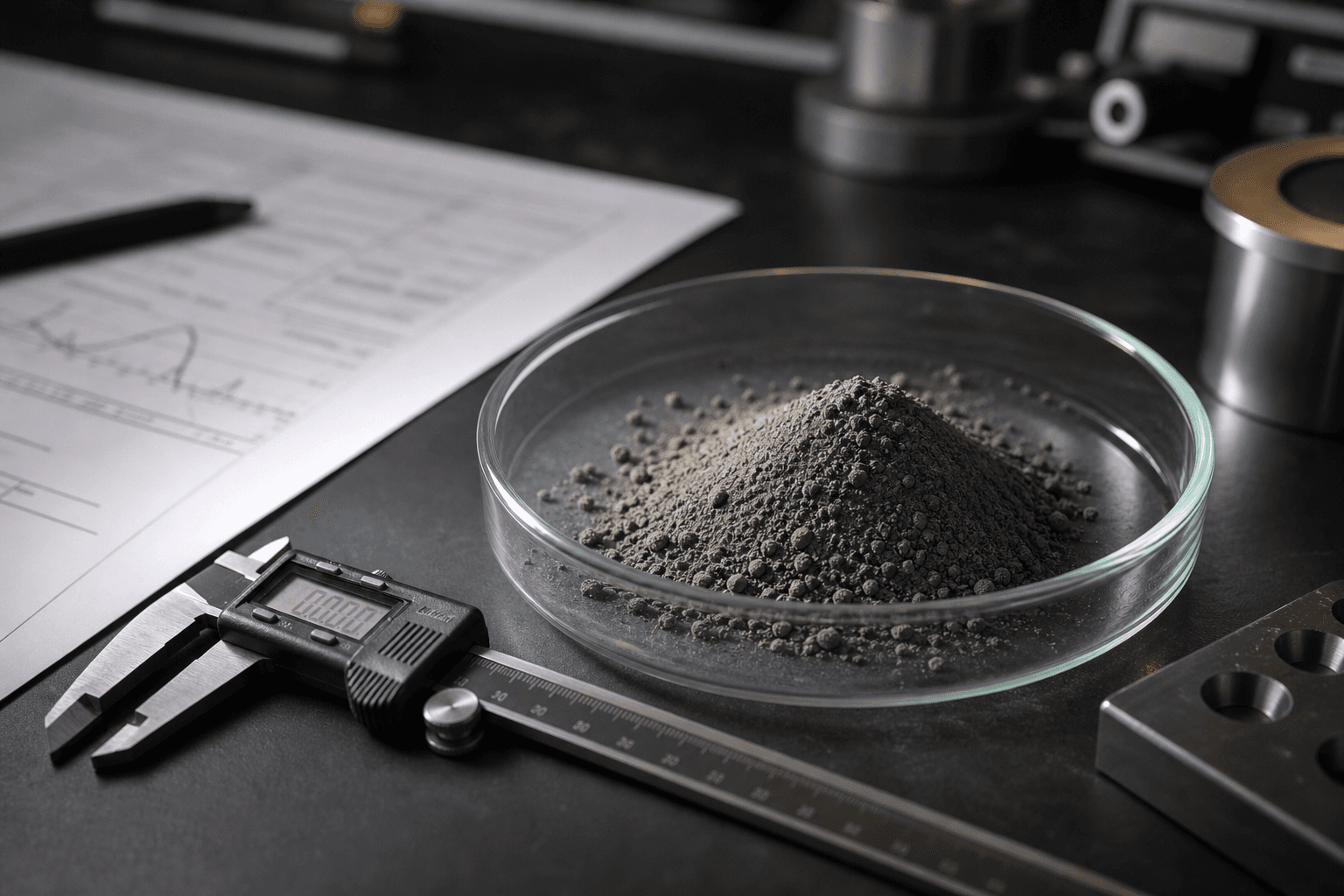 Laboratory photograph of lunar regolith simulant with precision measurement instruments