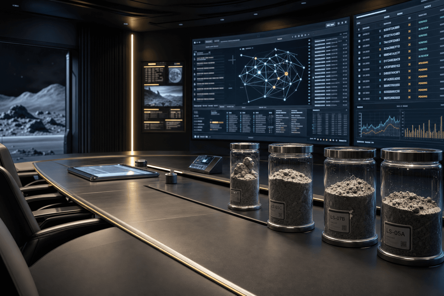 Executive aerospace engineering review environment with traceability displays and lunar simulant samples